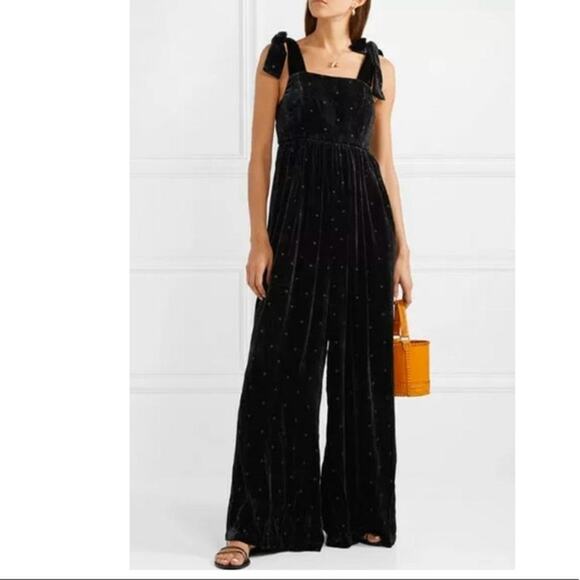 ULLA JOHNSON Minnet Jumpsuit Jet Black Size 4 Embroidered Polka Dot Velvet Chic - Picture 1 of 16